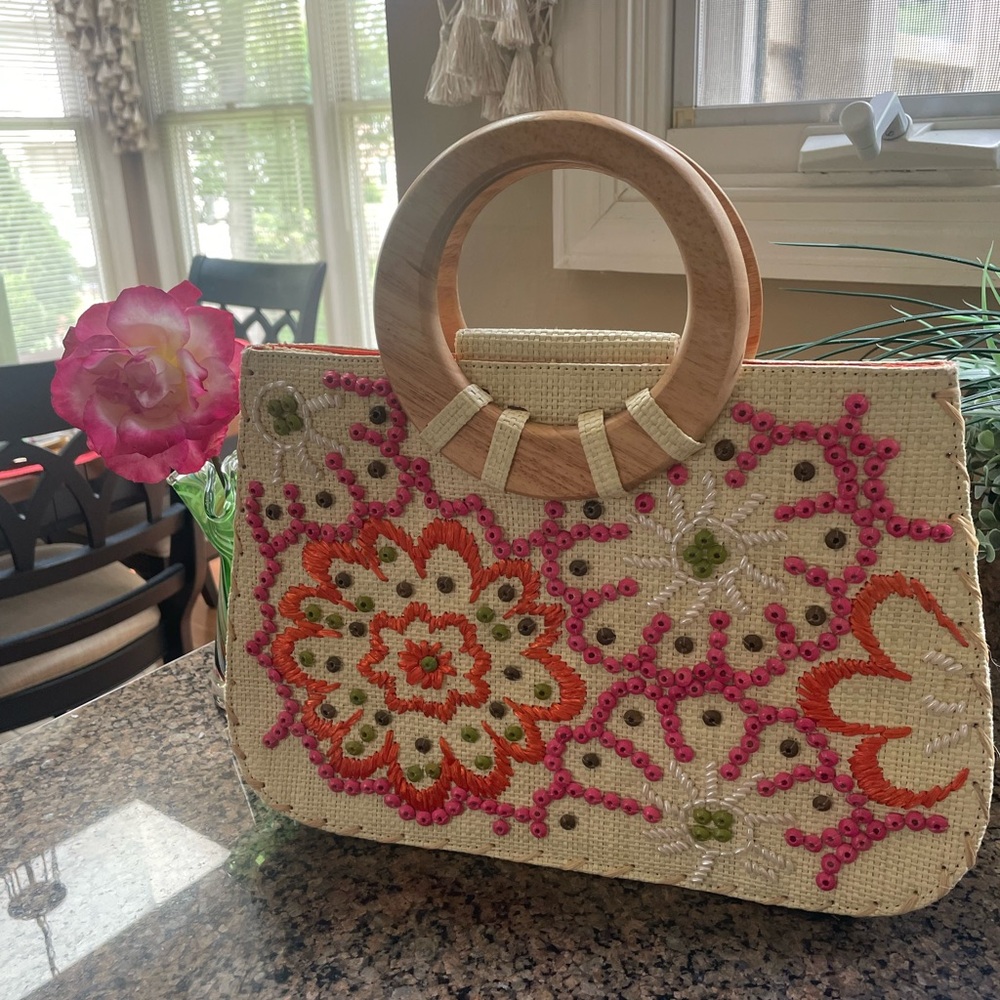 Pink and Orange Tote with Wooden Handles and Embroidery